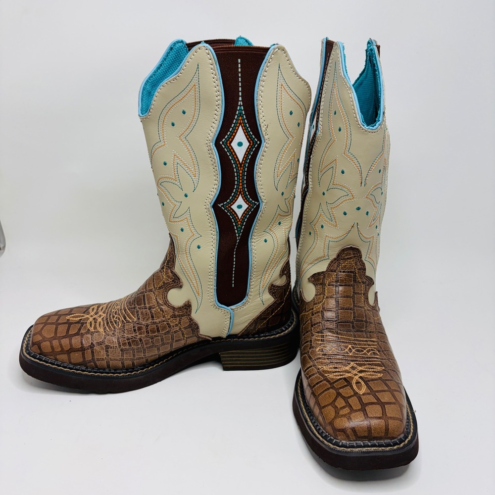 Justin Gypsy Womens 6.5 B Brown Croc Print Square Toe Western Boots L9516